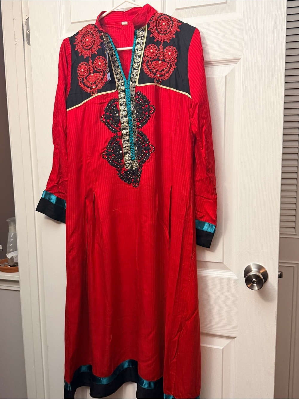 Red Long-Sleeve Embroidered Women’s Dress with Contrast Trim